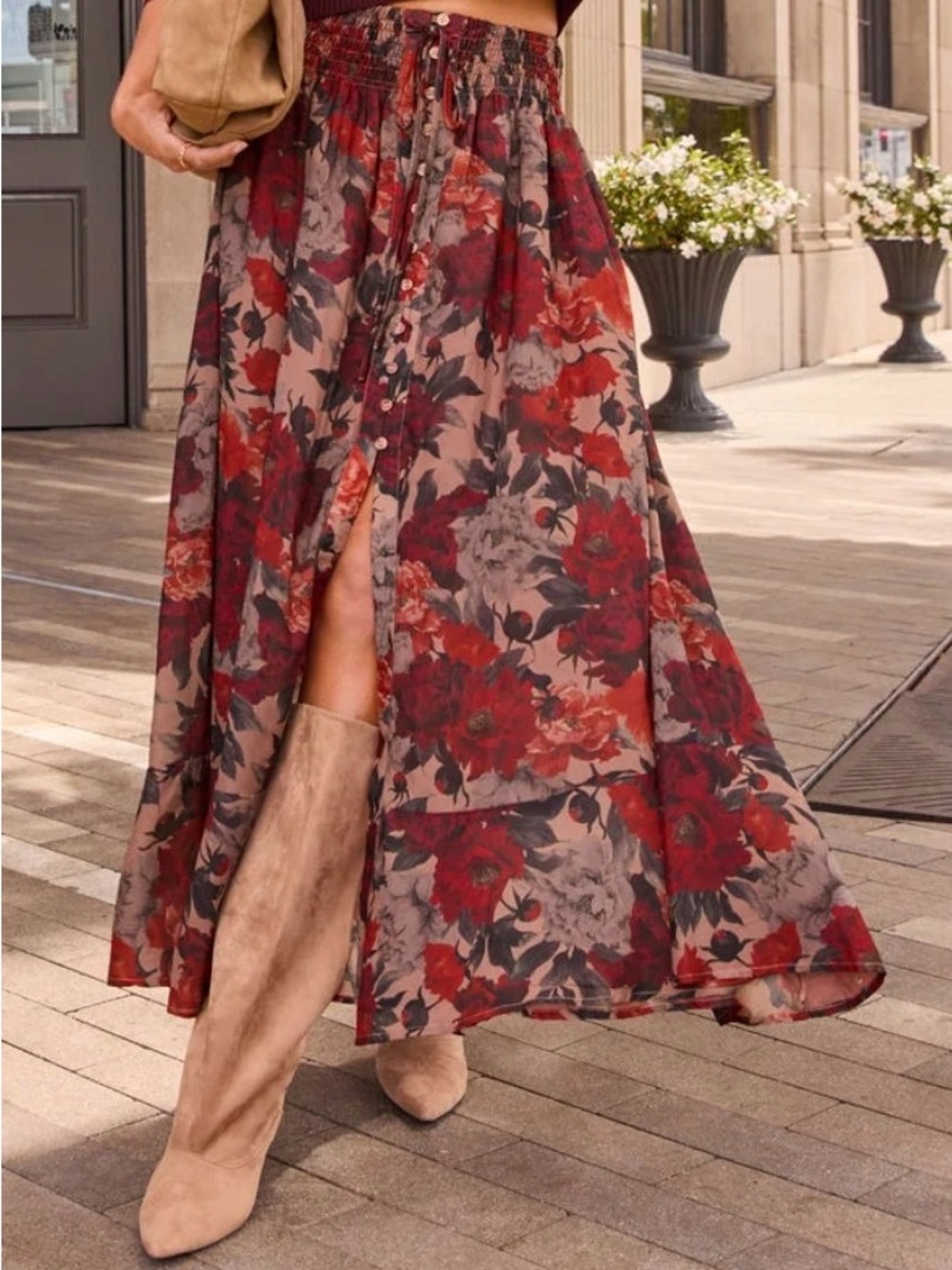 Levvie Front Tie Maxi Skirt - Burgundy / M